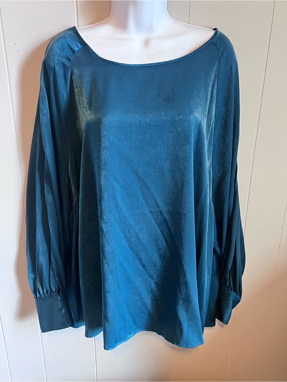 Maurices Teal Satin Boatneck Blouse with Open Sleeve